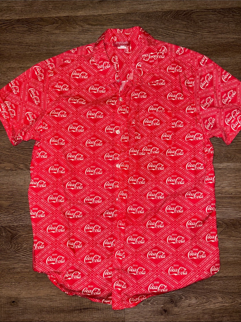 Coca Cola Red Logo Print Short Sleeve Button-Down Shirt
